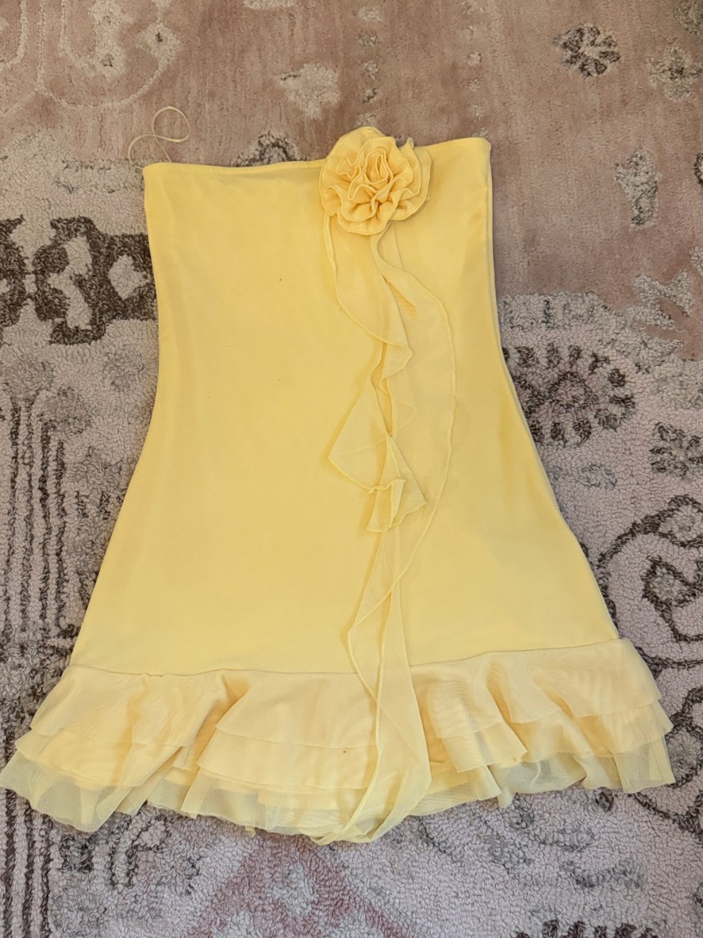Edikted Yellow Strapless Dress with Floral Ruffle Detail